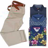 Navy print polos and sand-colored chino